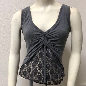 Grey lace and rayon top, cinched front lace up back